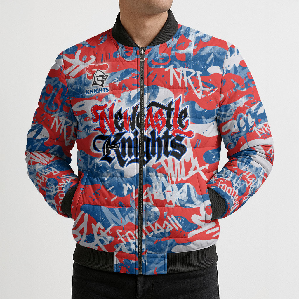 Newcastle Knights Rugby Bomber Puffer Jacket Graffiti Typography Urban Camo Abstract Street Style