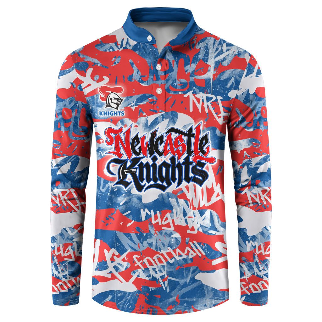 Newcastle Knights Rugby Button Sweatshirt Graffiti Typography Urban Camo Abstract Street Style