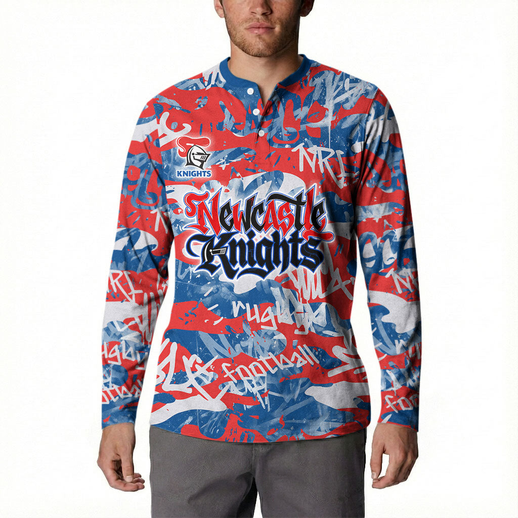 Newcastle Knights Rugby Button Sweatshirt Graffiti Typography Urban Camo Abstract Street Style