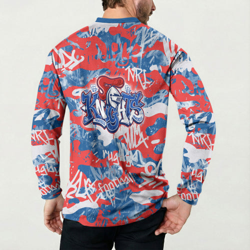 Newcastle Knights Rugby Button Sweatshirt Graffiti Typography Urban Camo Abstract Street Style