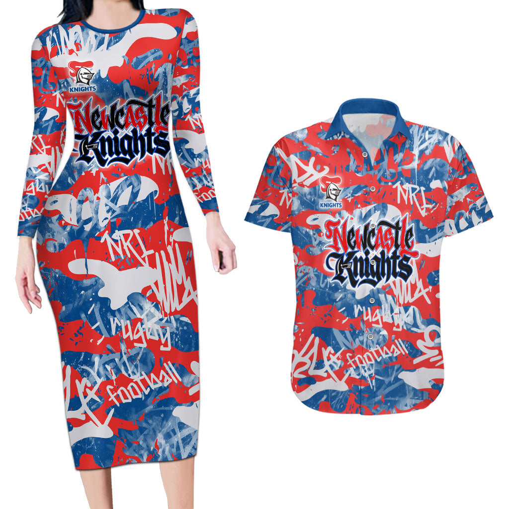Newcastle Knights Rugby Couples Matching Long Sleeve Bodycon Dress and Hawaiian Shirt Graffiti Typography Urban Camo Abstract Street Style