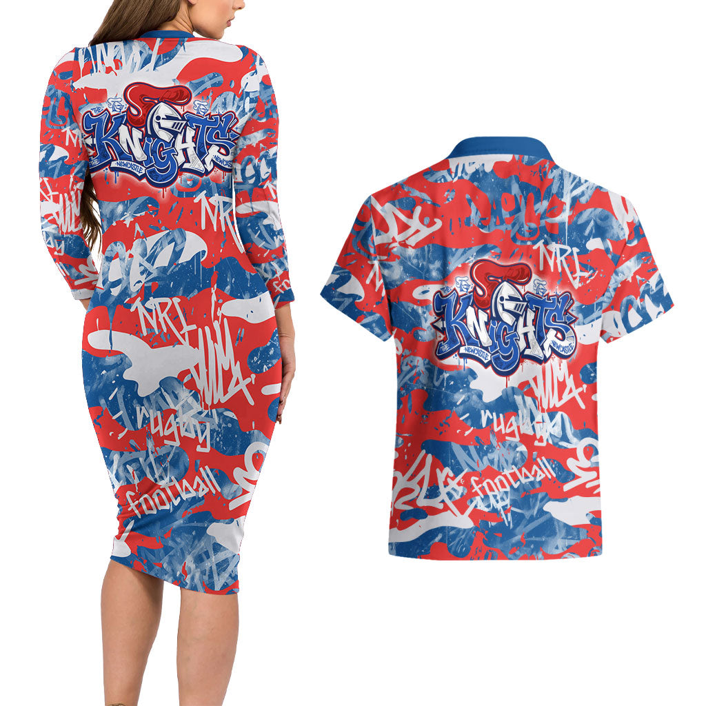 Newcastle Knights Rugby Couples Matching Long Sleeve Bodycon Dress and Hawaiian Shirt Graffiti Typography Urban Camo Abstract Street Style