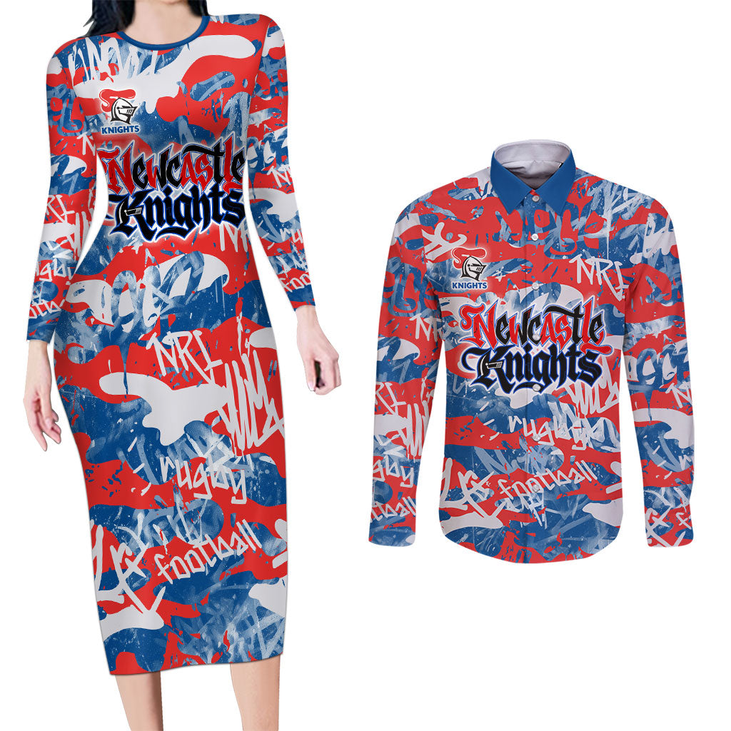 Newcastle Knights Rugby Couples Matching Long Sleeve Bodycon Dress and Long Sleeve Button Shirt Graffiti Typography Urban Camo Abstract Street Style