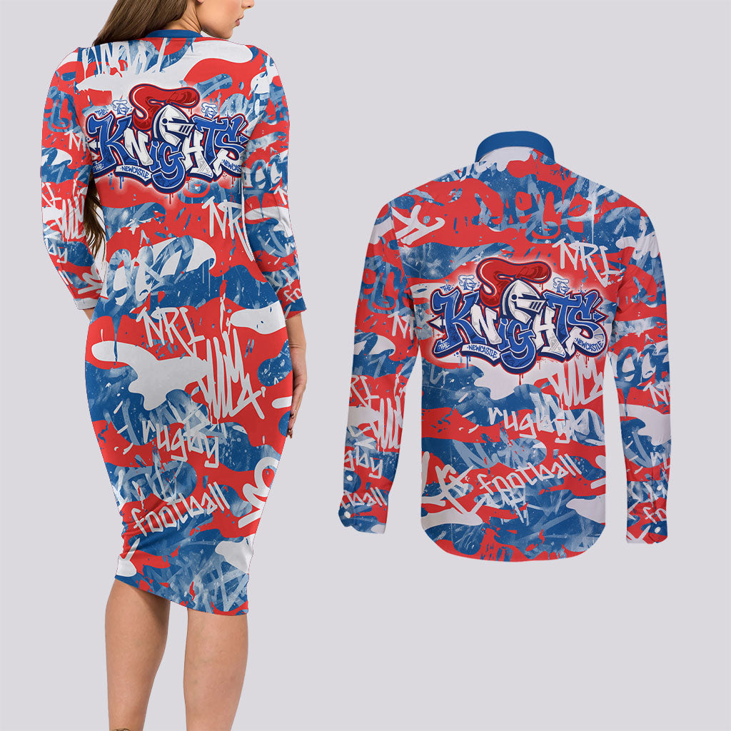 Newcastle Knights Rugby Couples Matching Long Sleeve Bodycon Dress and Long Sleeve Button Shirt Graffiti Typography Urban Camo Abstract Street Style