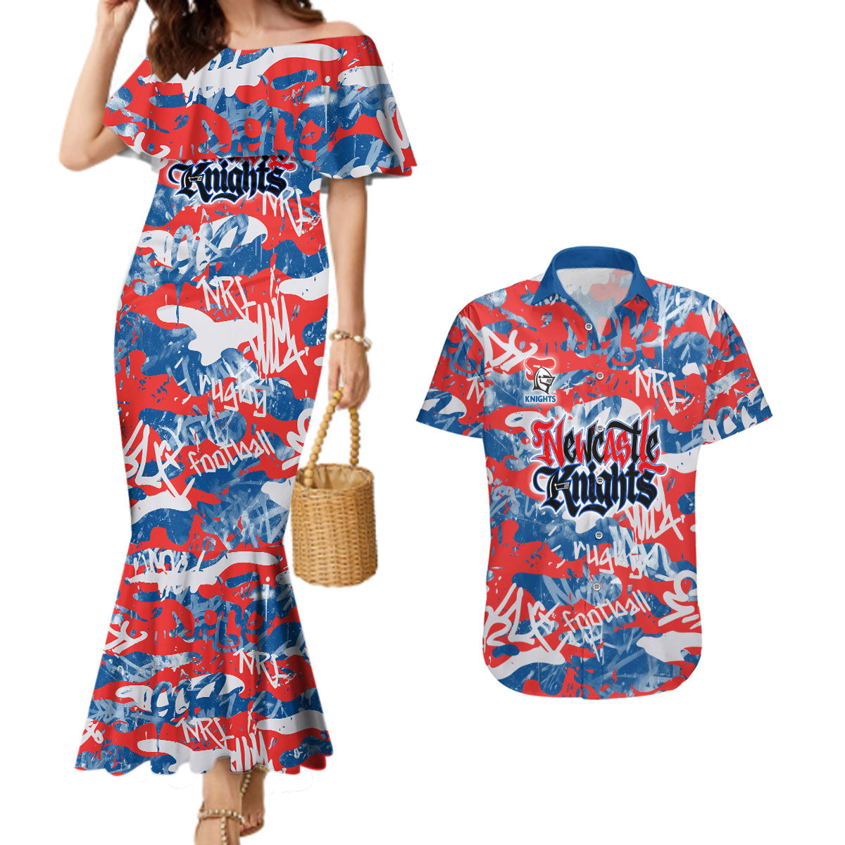 Newcastle Knights Rugby Couples Matching Mermaid Dress and Hawaiian Shirt Graffiti Typography Urban Camo Abstract Street Style