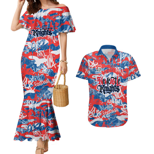 Newcastle Knights Rugby Couples Matching Mermaid Dress and Hawaiian Shirt Graffiti Typography Urban Camo Abstract Street Style