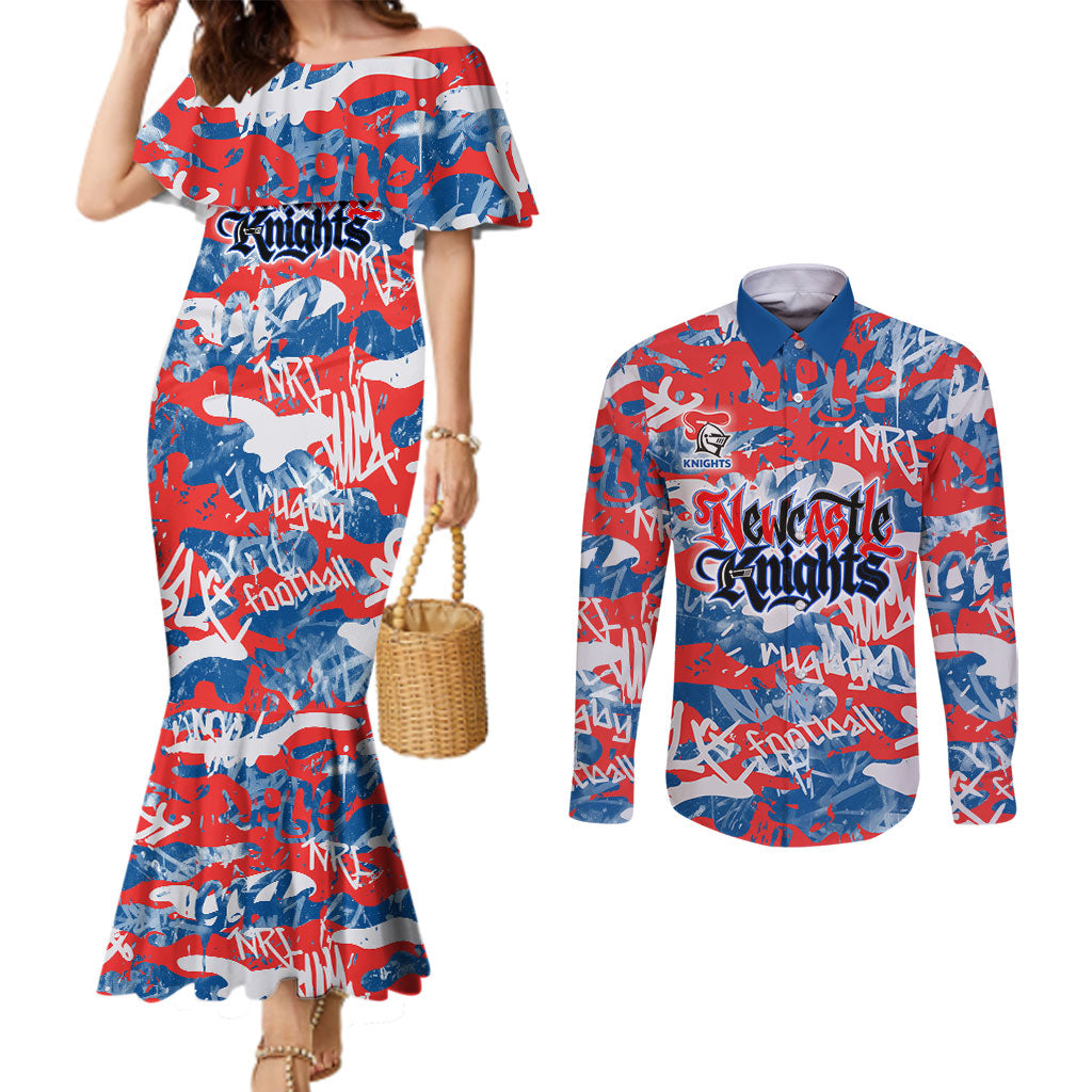 Newcastle Knights Rugby Couples Matching Mermaid Dress and Long Sleeve Button Shirt Graffiti Typography Urban Camo Abstract Street Style