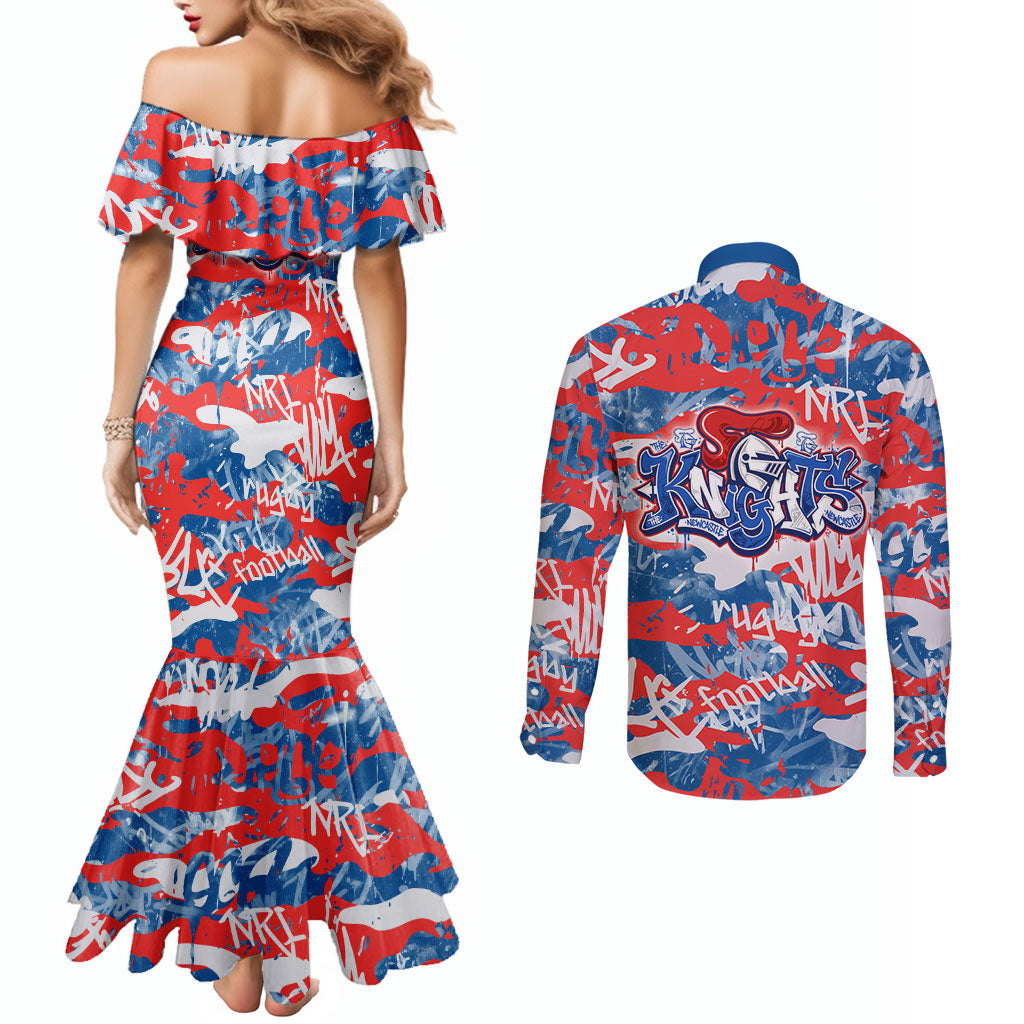 Newcastle Knights Rugby Couples Matching Mermaid Dress and Long Sleeve Button Shirt Graffiti Typography Urban Camo Abstract Street Style
