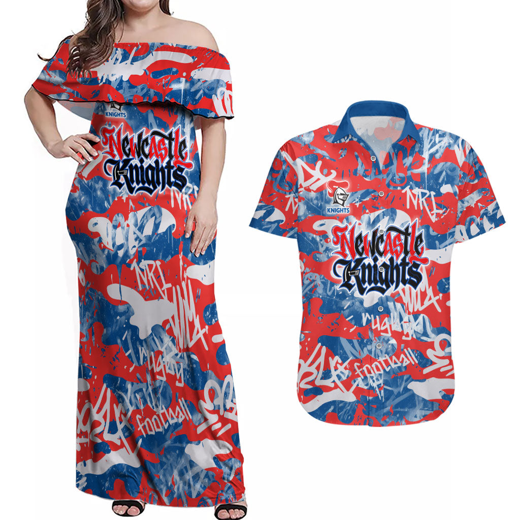 Newcastle Knights Rugby Couples Matching Off Shoulder Maxi Dress and Hawaiian Shirt Graffiti Typography Urban Camo Abstract Street Style
