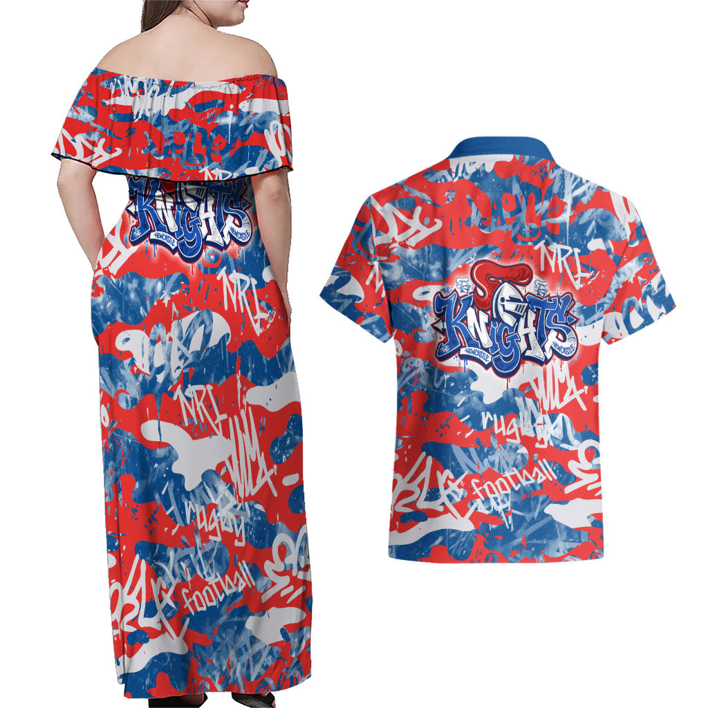 Newcastle Knights Rugby Couples Matching Off Shoulder Maxi Dress and Hawaiian Shirt Graffiti Typography Urban Camo Abstract Street Style