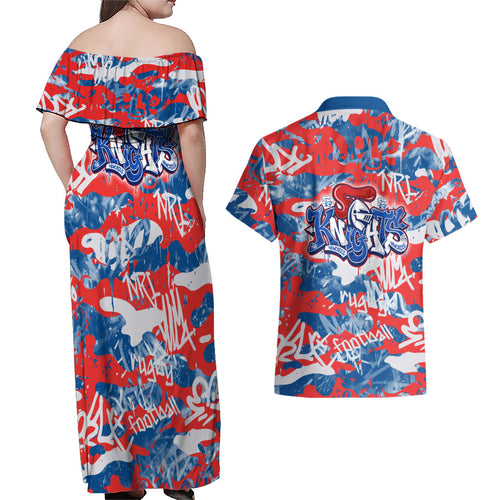 Newcastle Knights Rugby Couples Matching Off Shoulder Maxi Dress and Hawaiian Shirt Graffiti Typography Urban Camo Abstract Street Style