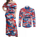 Newcastle Knights Rugby Couples Matching Off Shoulder Maxi Dress and Long Sleeve Button Shirt Graffiti Typography Urban Camo Abstract Street Style
