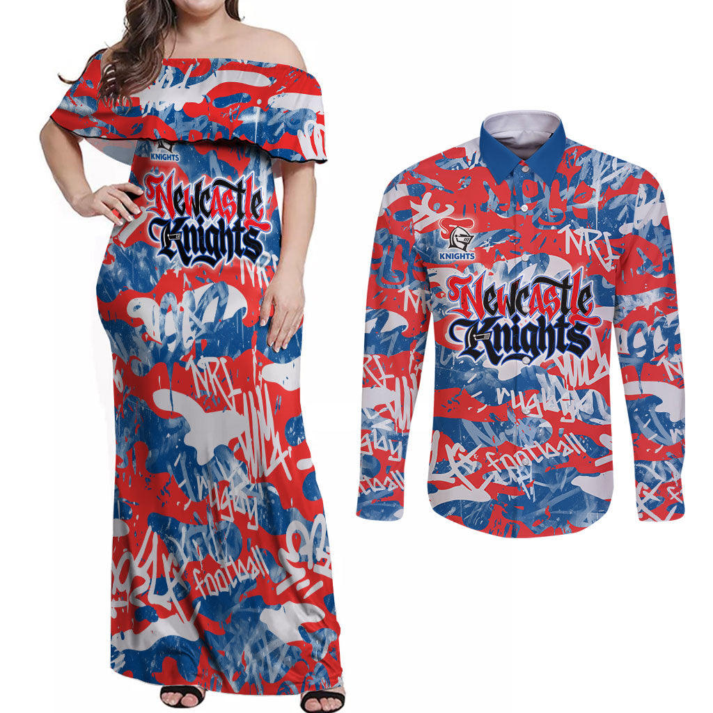 Newcastle Knights Rugby Couples Matching Off Shoulder Maxi Dress and Long Sleeve Button Shirt Graffiti Typography Urban Camo Abstract Street Style