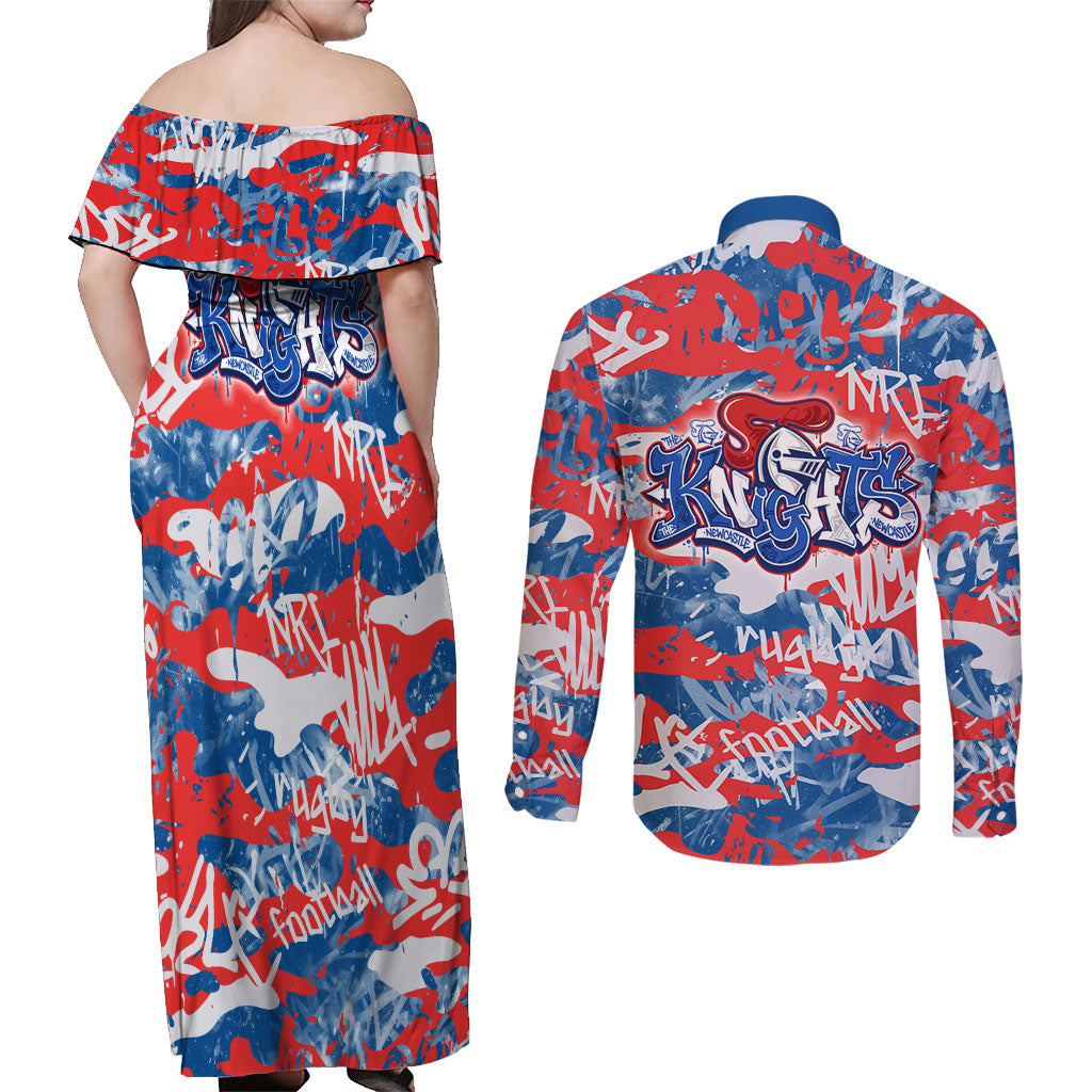 Newcastle Knights Rugby Couples Matching Off Shoulder Maxi Dress and Long Sleeve Button Shirt Graffiti Typography Urban Camo Abstract Street Style