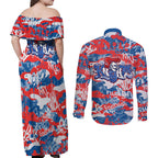 Newcastle Knights Rugby Couples Matching Off Shoulder Maxi Dress and Long Sleeve Button Shirt Graffiti Typography Urban Camo Abstract Street Style