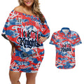 Newcastle Knights Rugby Couples Matching Off Shoulder Short Dress and Hawaiian Shirt Graffiti Typography Urban Camo Abstract Street Style