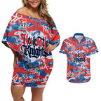 Newcastle Knights Rugby Couples Matching Off Shoulder Short Dress and Hawaiian Shirt Graffiti Typography Urban Camo Abstract Street Style