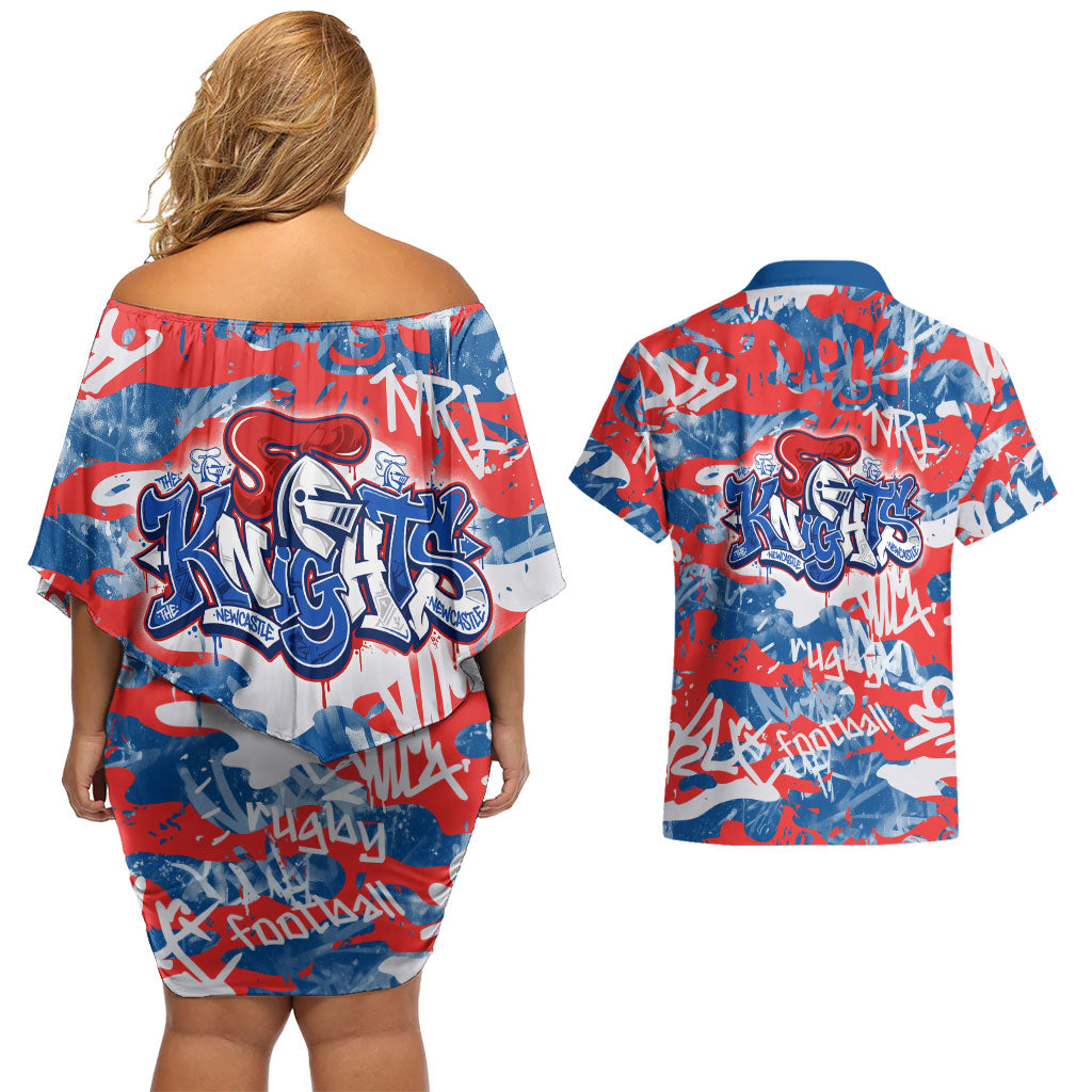 Newcastle Knights Rugby Couples Matching Off Shoulder Short Dress and Hawaiian Shirt Graffiti Typography Urban Camo Abstract Street Style