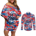 Newcastle Knights Rugby Couples Matching Off Shoulder Short Dress and Long Sleeve Button Shirt Graffiti Typography Urban Camo Abstract Street Style