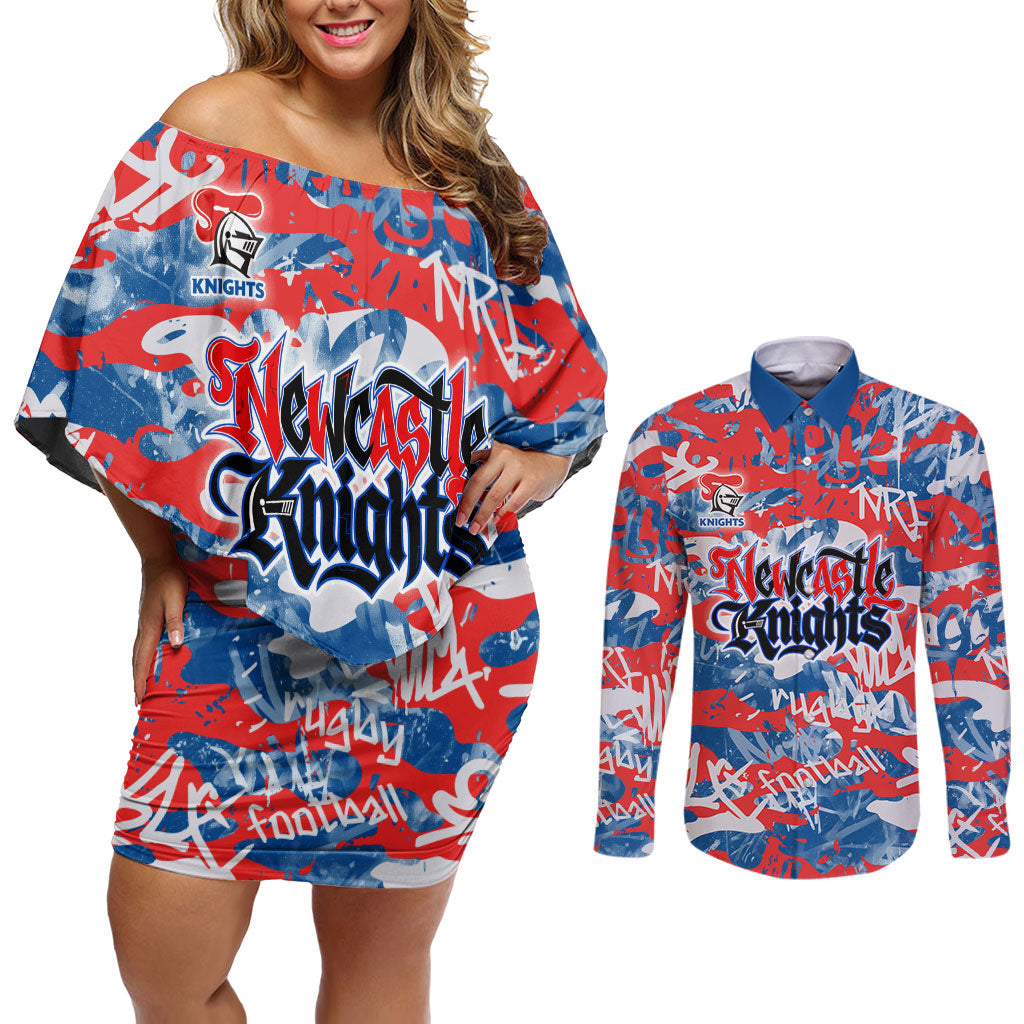 Newcastle Knights Rugby Couples Matching Off Shoulder Short Dress and Long Sleeve Button Shirt Graffiti Typography Urban Camo Abstract Street Style