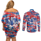 Newcastle Knights Rugby Couples Matching Off Shoulder Short Dress and Long Sleeve Button Shirt Graffiti Typography Urban Camo Abstract Street Style