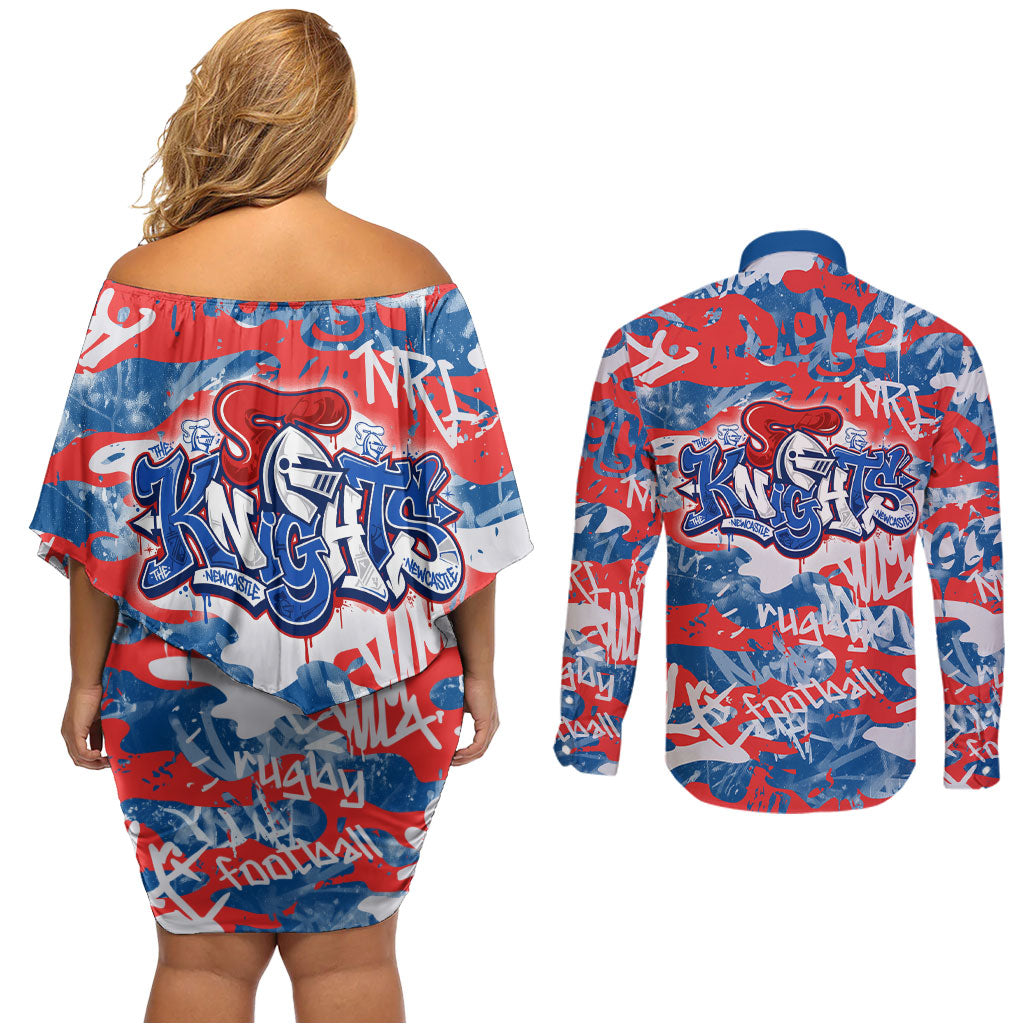 Newcastle Knights Rugby Couples Matching Off Shoulder Short Dress and Long Sleeve Button Shirt Graffiti Typography Urban Camo Abstract Street Style