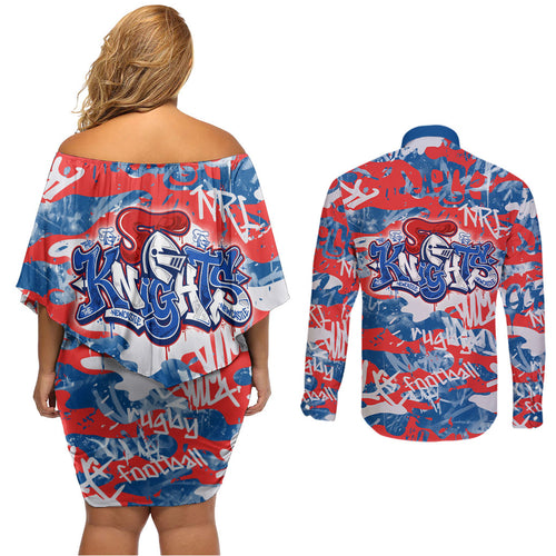 Newcastle Knights Rugby Couples Matching Off Shoulder Short Dress and Long Sleeve Button Shirt Graffiti Typography Urban Camo Abstract Street Style
