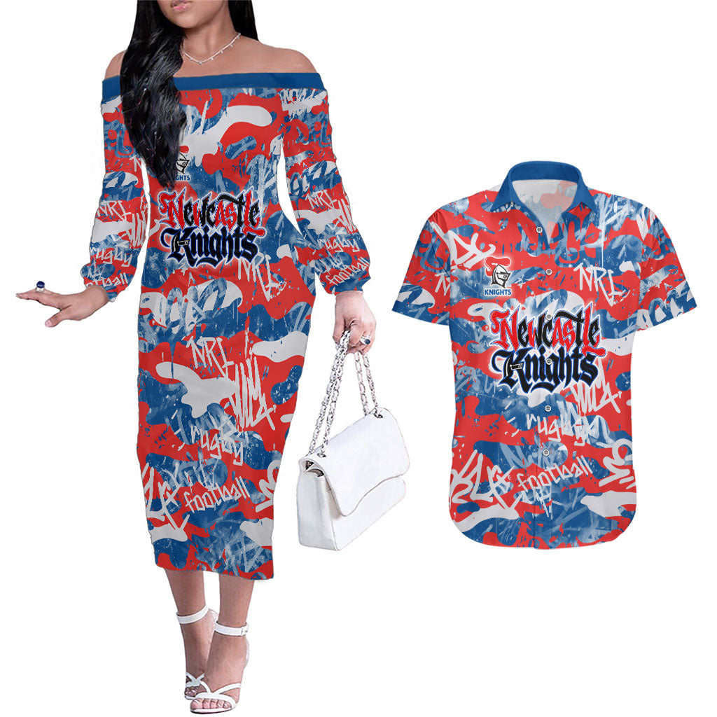 Newcastle Knights Rugby Couples Matching Off The Shoulder Long Sleeve Dress and Hawaiian Shirt Graffiti Typography Urban Camo Abstract Street Style