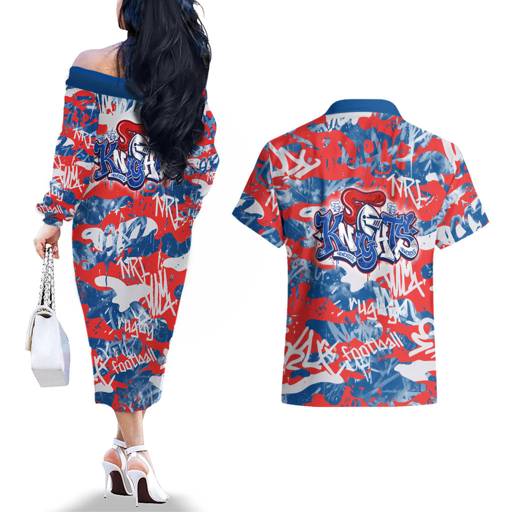 Newcastle Knights Rugby Couples Matching Off The Shoulder Long Sleeve Dress and Hawaiian Shirt Graffiti Typography Urban Camo Abstract Street Style
