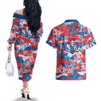 Newcastle Knights Rugby Couples Matching Off The Shoulder Long Sleeve Dress and Hawaiian Shirt Graffiti Typography Urban Camo Abstract Street Style