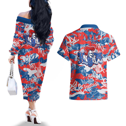 Newcastle Knights Rugby Couples Matching Off The Shoulder Long Sleeve Dress and Hawaiian Shirt Graffiti Typography Urban Camo Abstract Street Style
