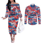 Newcastle Knights Rugby Couples Matching Off The Shoulder Long Sleeve Dress and Long Sleeve Button Shirt Graffiti Typography Urban Camo Abstract Street Style