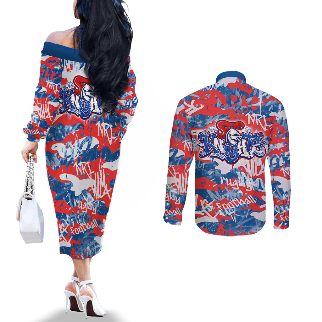 Newcastle Knights Rugby Couples Matching Off The Shoulder Long Sleeve Dress and Long Sleeve Button Shirt Graffiti Typography Urban Camo Abstract Street Style