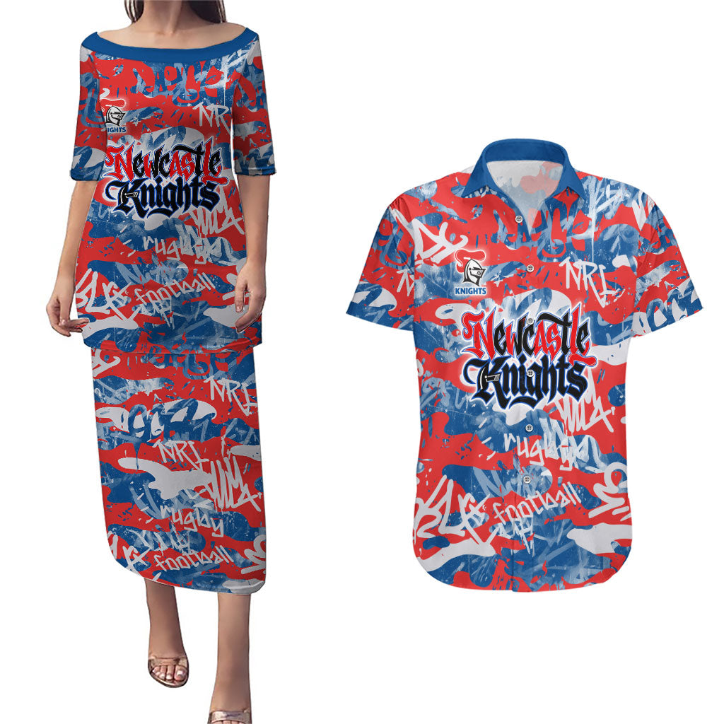 Newcastle Knights Rugby Couples Matching Puletasi and Hawaiian Shirt Graffiti Typography Urban Camo Abstract Street Style