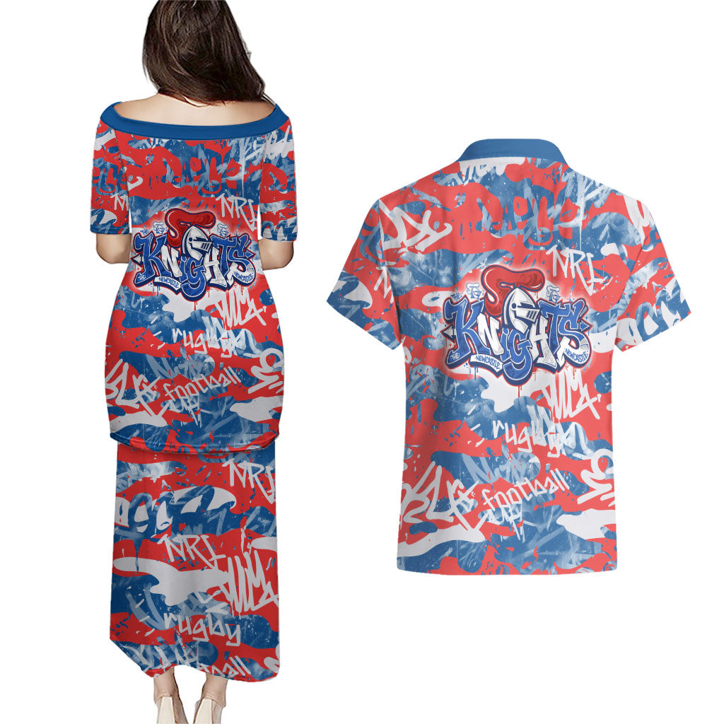 Newcastle Knights Rugby Couples Matching Puletasi and Hawaiian Shirt Graffiti Typography Urban Camo Abstract Street Style