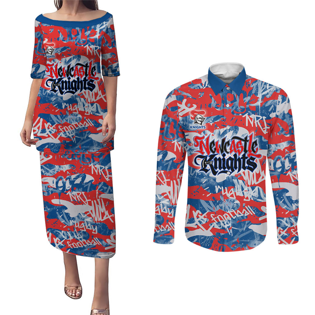 Newcastle Knights Rugby Couples Matching Puletasi and Long Sleeve Button Shirt Graffiti Typography Urban Camo Abstract Street Style