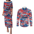 Newcastle Knights Rugby Couples Matching Puletasi and Long Sleeve Button Shirt Graffiti Typography Urban Camo Abstract Street Style