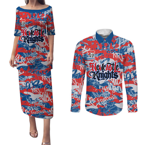 Newcastle Knights Rugby Couples Matching Puletasi and Long Sleeve Button Shirt Graffiti Typography Urban Camo Abstract Street Style
