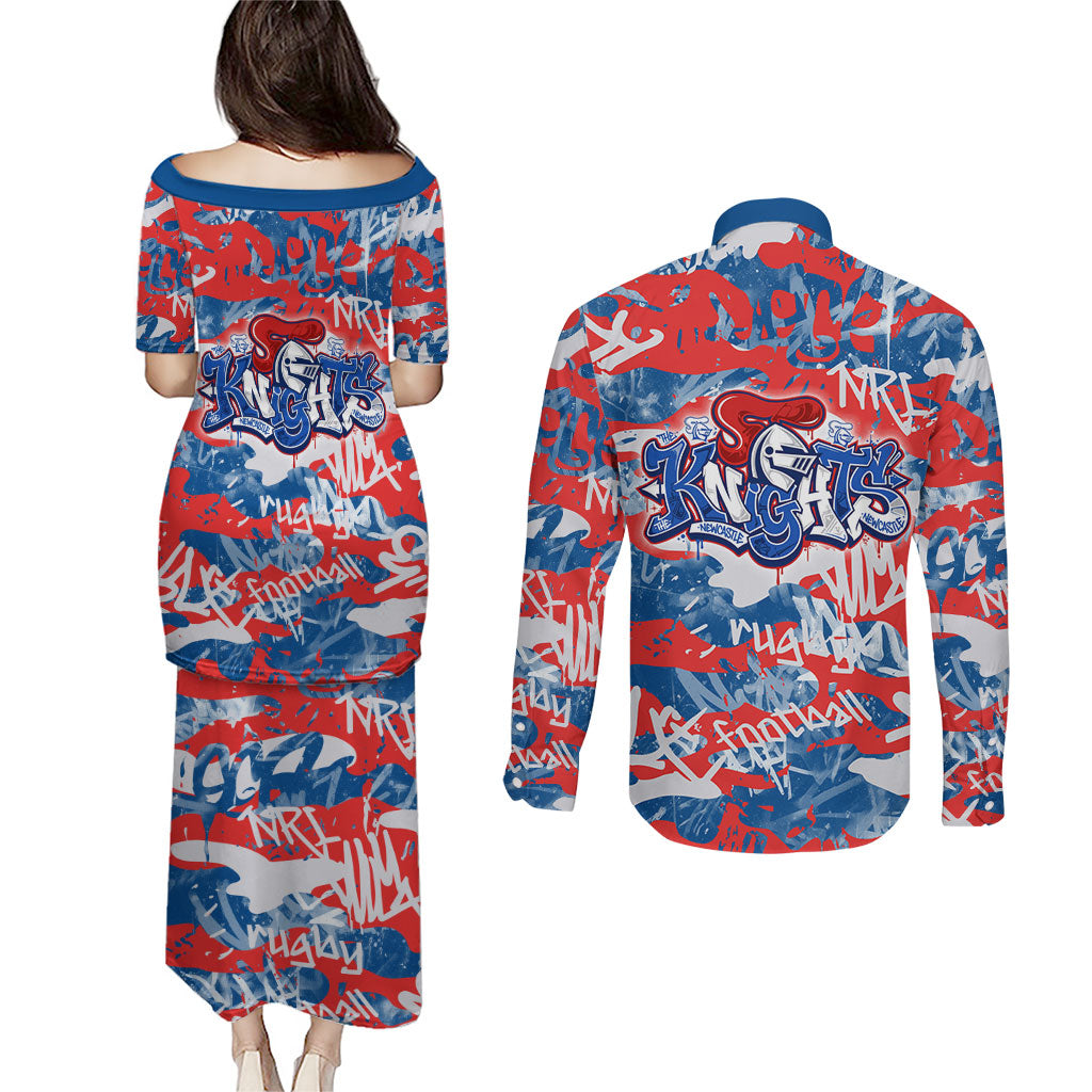 Newcastle Knights Rugby Couples Matching Puletasi and Long Sleeve Button Shirt Graffiti Typography Urban Camo Abstract Street Style