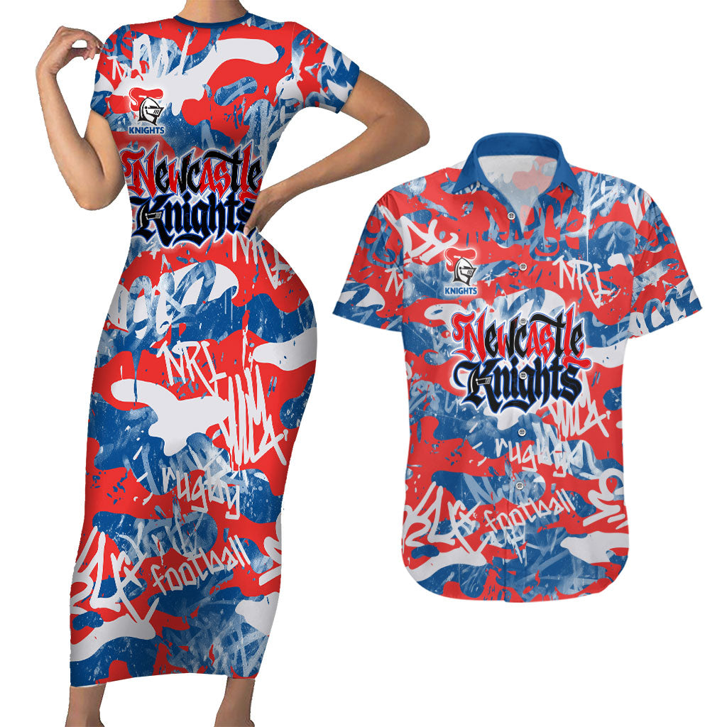 Newcastle Knights Rugby Couples Matching Short Sleeve Bodycon Dress and Hawaiian Shirt Graffiti Typography Urban Camo Abstract Street Style