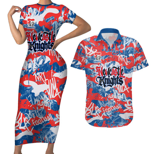 Newcastle Knights Rugby Couples Matching Short Sleeve Bodycon Dress and Hawaiian Shirt Graffiti Typography Urban Camo Abstract Street Style