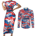 Newcastle Knights Rugby Couples Matching Short Sleeve Bodycon Dress and Long Sleeve Button Shirt Graffiti Typography Urban Camo Abstract Street Style