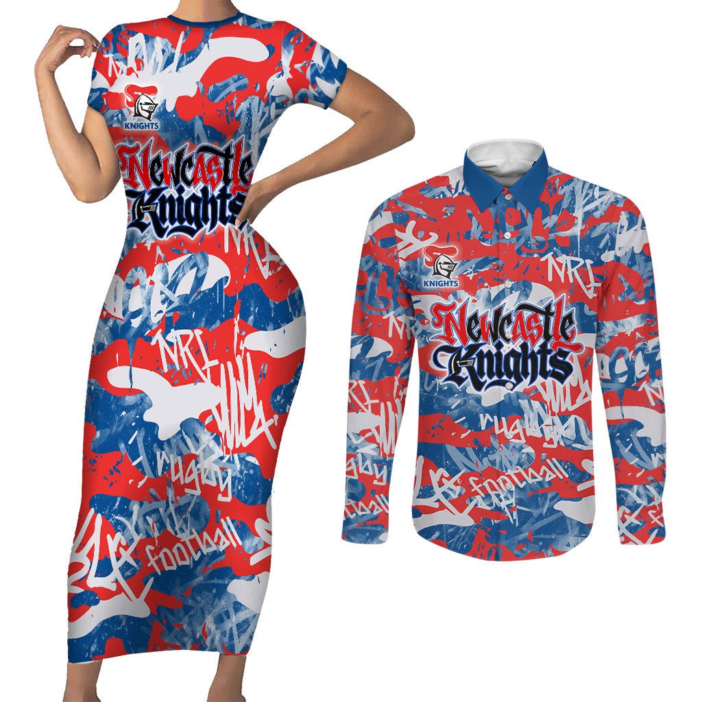 Newcastle Knights Rugby Couples Matching Short Sleeve Bodycon Dress and Long Sleeve Button Shirt Graffiti Typography Urban Camo Abstract Street Style
