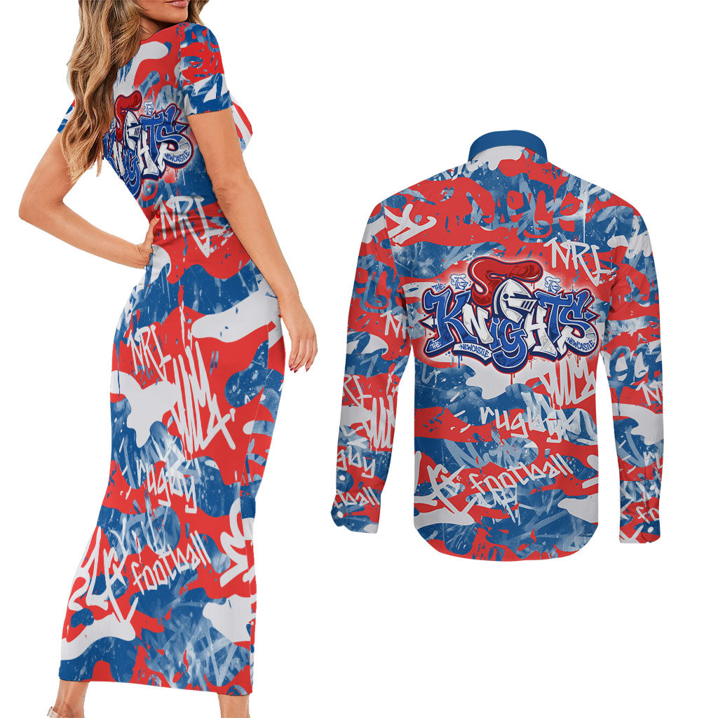 Newcastle Knights Rugby Couples Matching Short Sleeve Bodycon Dress and Long Sleeve Button Shirt Graffiti Typography Urban Camo Abstract Street Style