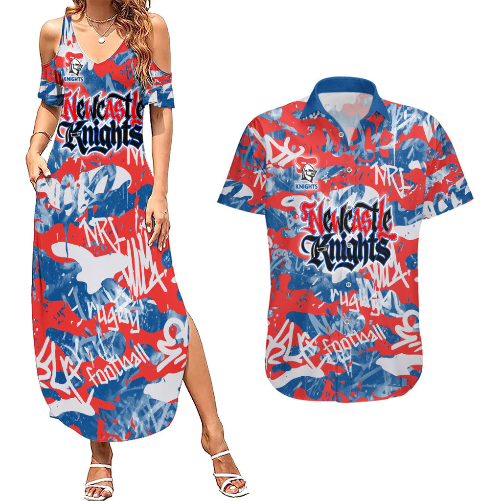 Newcastle Knights Rugby Couples Matching Summer Maxi Dress and Hawaiian Shirt Graffiti Typography Urban Camo Abstract Street Style