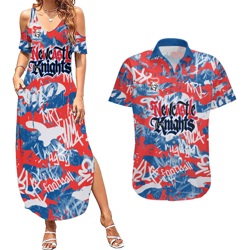 Newcastle Knights Rugby Couples Matching Summer Maxi Dress and Hawaiian Shirt Graffiti Typography Urban Camo Abstract Street Style
