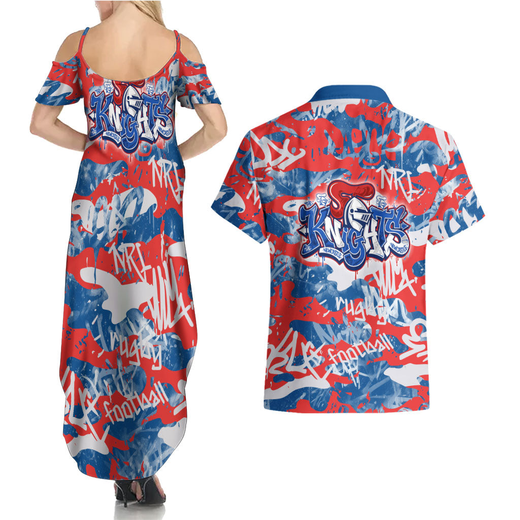 Newcastle Knights Rugby Couples Matching Summer Maxi Dress and Hawaiian Shirt Graffiti Typography Urban Camo Abstract Street Style