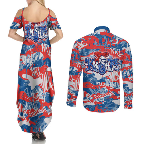 Newcastle Knights Rugby Couples Matching Summer Maxi Dress and Long Sleeve Button Shirt Graffiti Typography Urban Camo Abstract Street Style