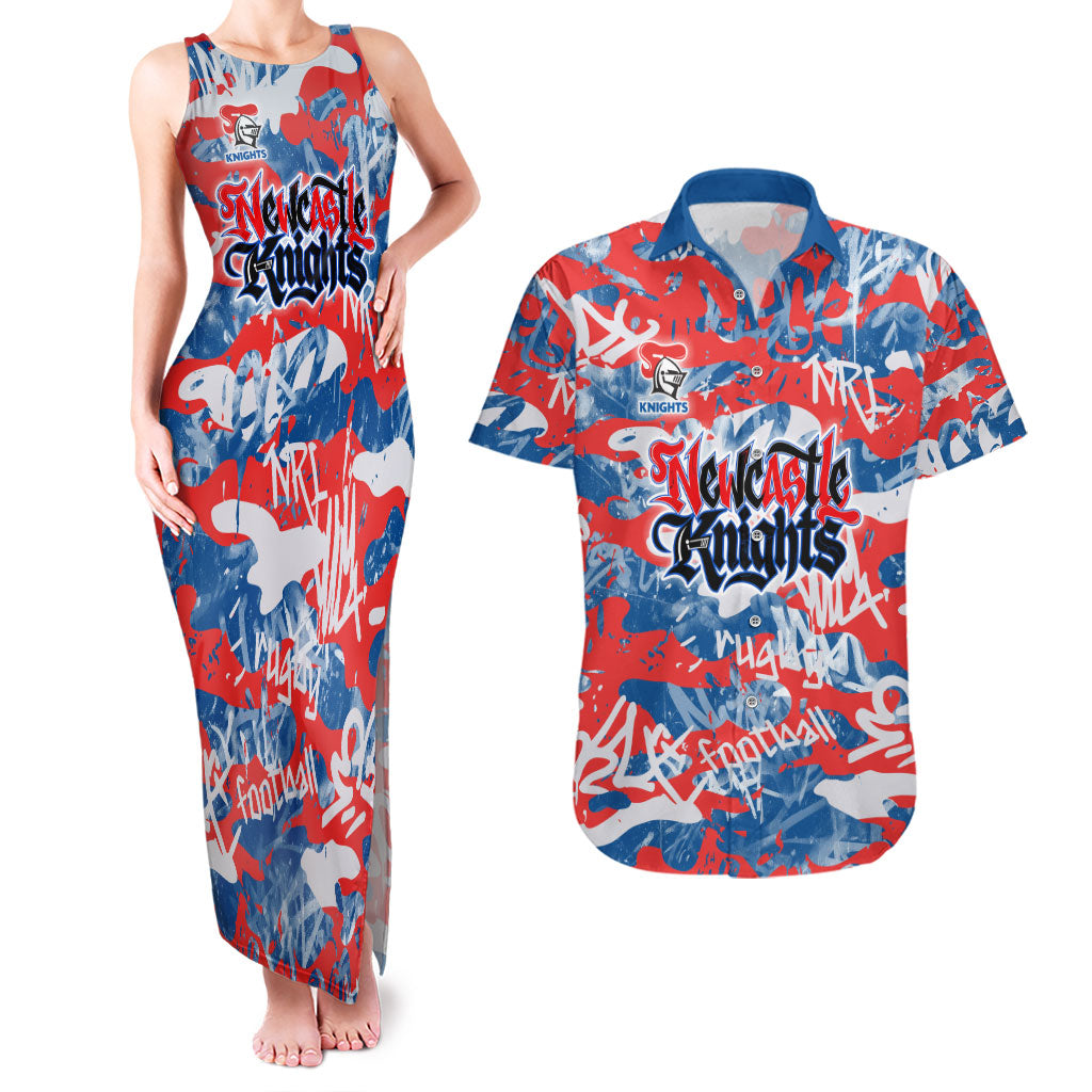 Newcastle Knights Rugby Couples Matching Tank Maxi Dress and Hawaiian Shirt Graffiti Typography Urban Camo Abstract Street Style