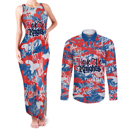 Newcastle Knights Rugby Couples Matching Tank Maxi Dress and Long Sleeve Button Shirt Graffiti Typography Urban Camo Abstract Street Style